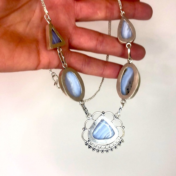 Sterling Silver 925 Lace Agate Gemstone Necklace - Picture 5 of 12